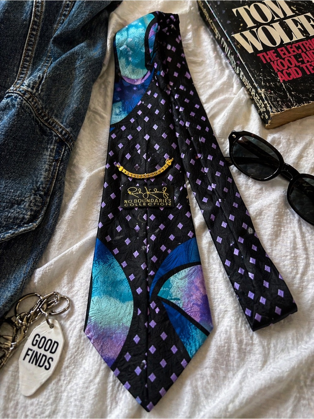 Vintage Rush Limbaugh Silk Tie Y2K Abstract Purple Blue Gold Chain